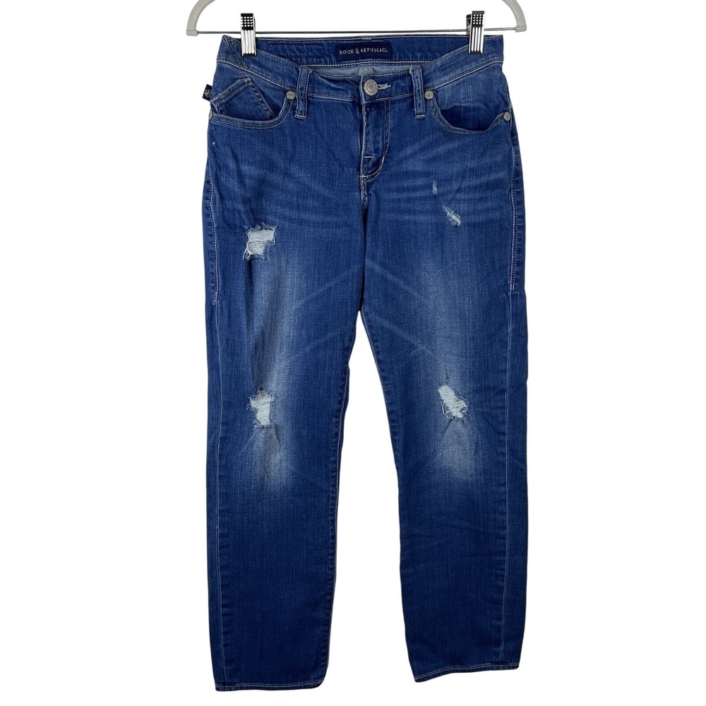 Rock & Republic Womens Size 2 Indee Jeans Blue Distressed Straight Stretch